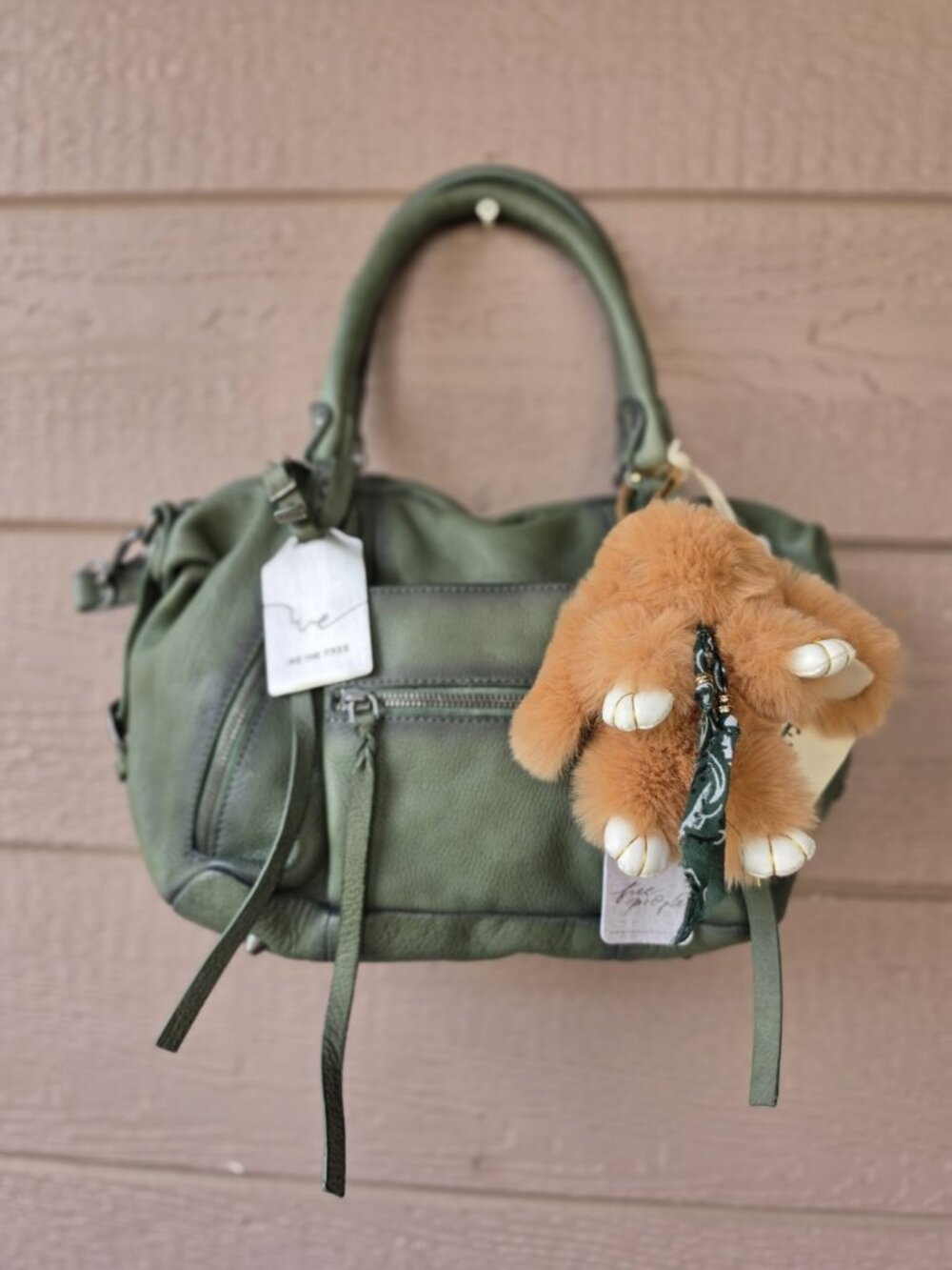 Free People Baby Emerson Tote Secret Sage Leather Rabbit Charm NWT
